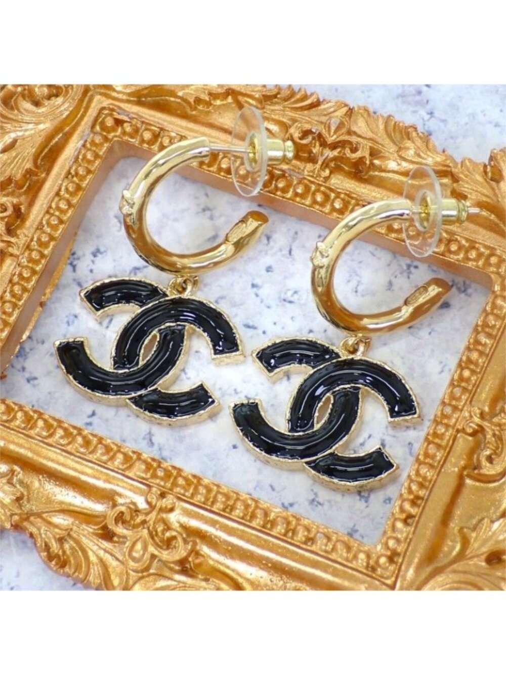 Chanel CC Hoop Earrings Metal Black Gold CC Logo Both Ears